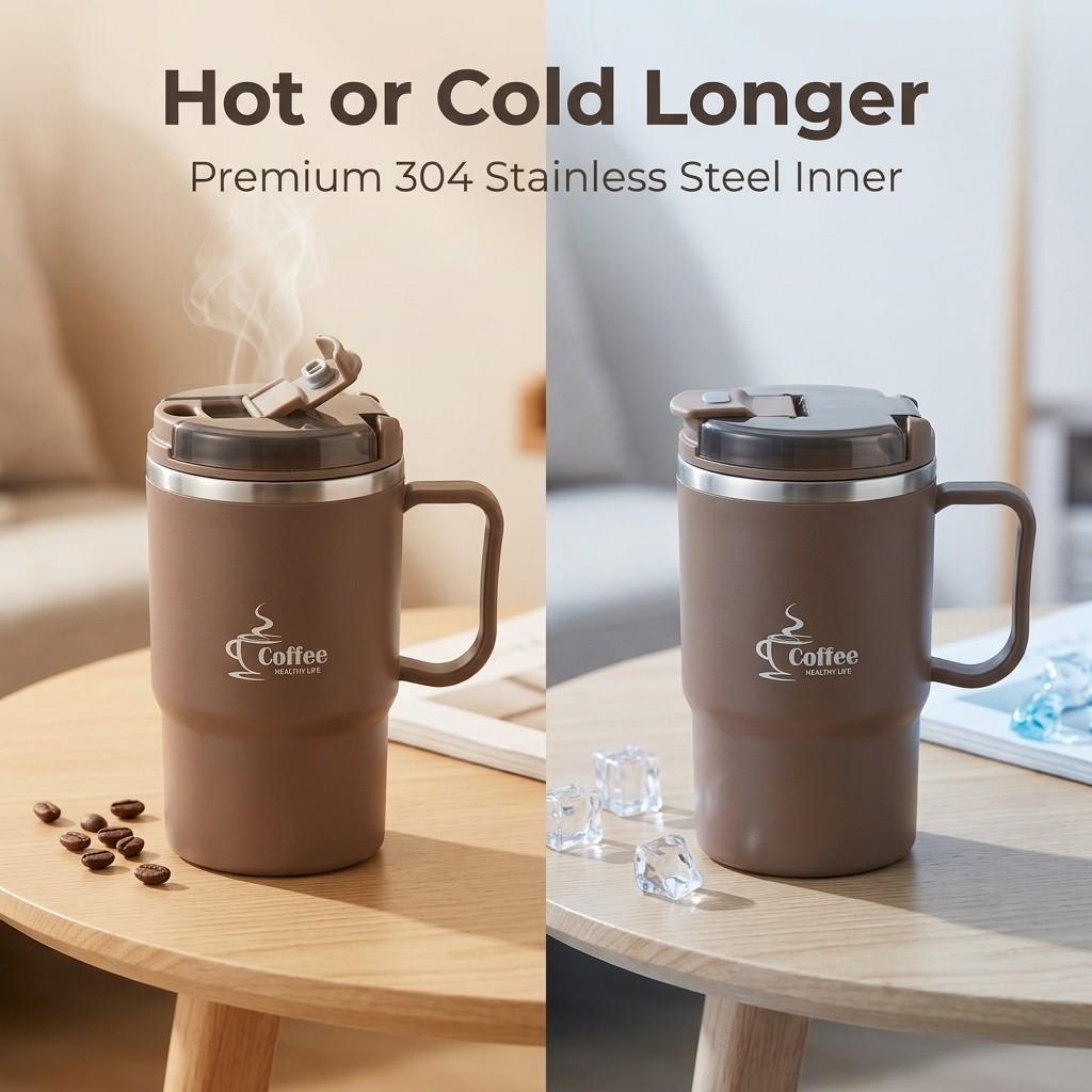 Thermal Coffee Tumbler Travel Mug With Handle 304 Stainless Steel Insulated Leakproof Water Bottle Dual Drink Cup With Spoon