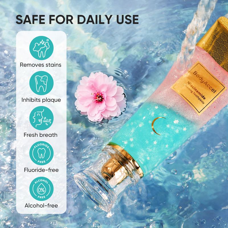 BodyAccel Aufhellende Zahnpasta - Niacinamid Pfirsich Minz Geschmack | Vegan, Fluoridfrei, Anti-Plaque & Frischer Atem | Mundhygiene Essentials