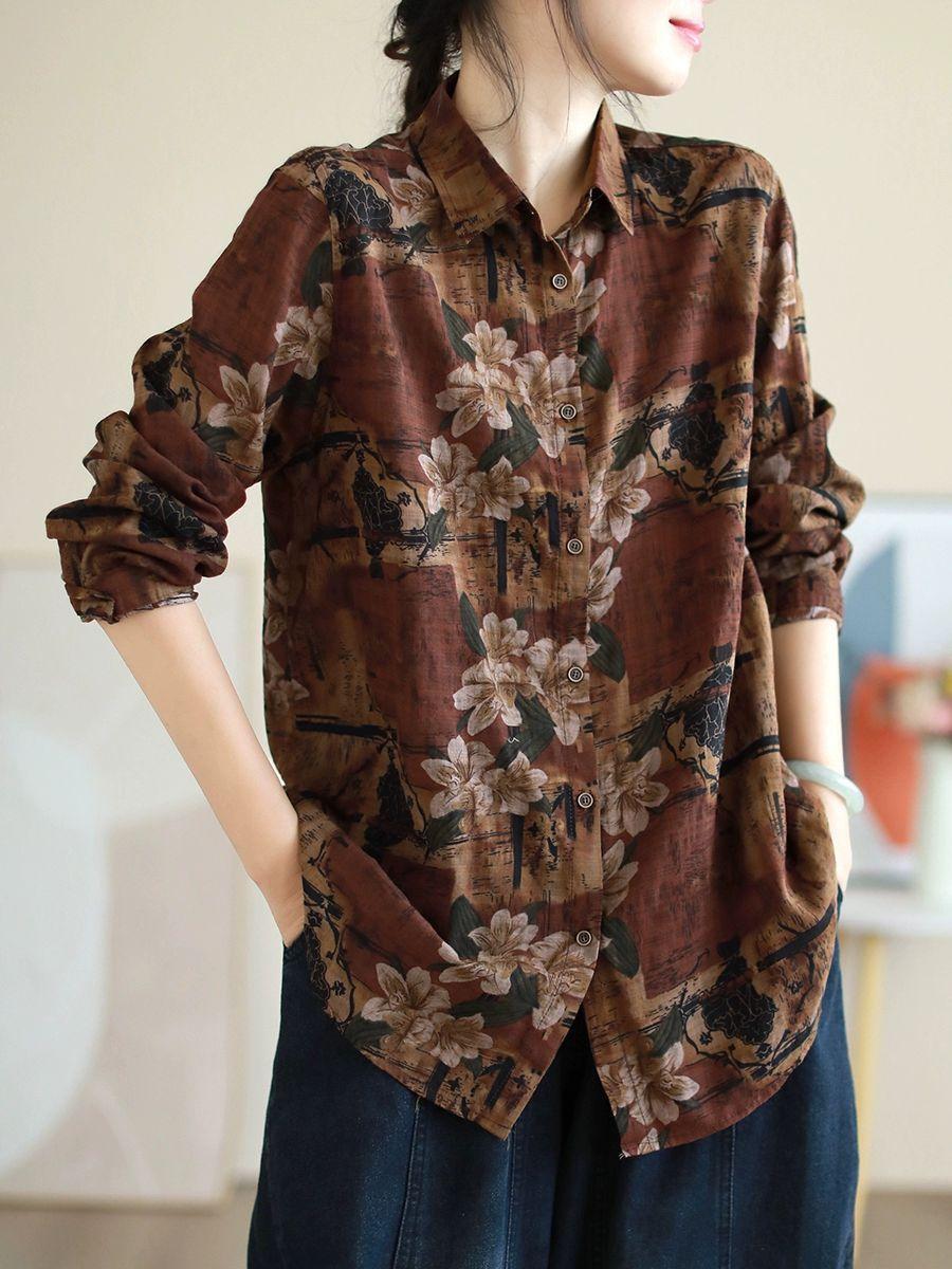 

Johnature Женские рубашки, топы, принт, цветочный отложной воротник, блузки с длинным рукавом, осенние винтажные женские рубашки One Size