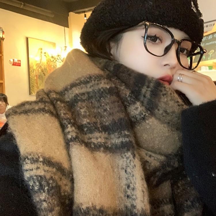 Korean Version of Mohair Plush Scarf for Women Winter High End New Versatile Plaid Scarf Student Shawl Outer Wear