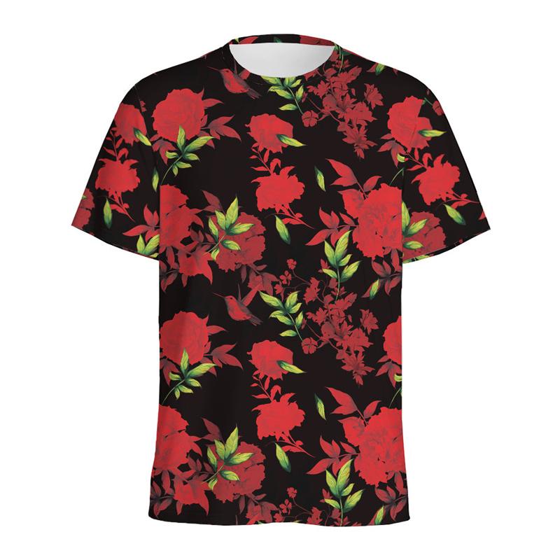 Summer Round Neck 3D Vintage Rose Flower Graphic Print Top Fashionable Casual Short Sleeved Men's T-shirts