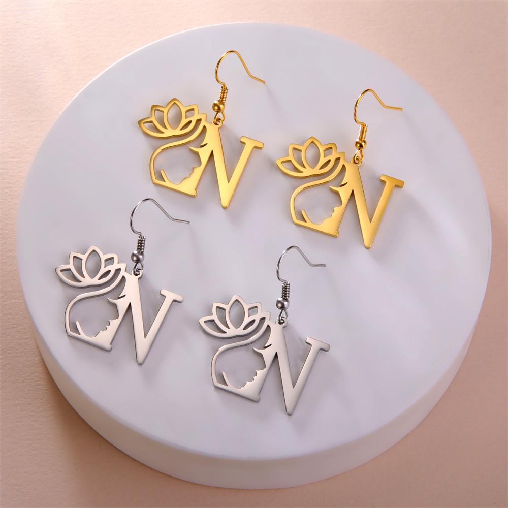 My Shape Beauty Flower Letter Drop Earrings for Women A-Z Alphabet Initials Lotus Stainless Steel Fashion Jewelry Kids Female
