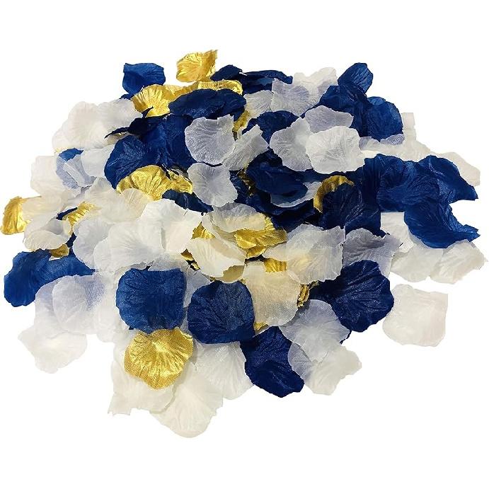 Mixed White & Dark Blue & Gold Artificial Flowers Silk Rose Petals 900PCS Flower Girl Scatter Petals for Wedding Aisle Centerpieces Table Confetti