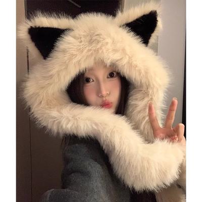 Thickened Plush Fox Ear Hat Scarf All In One Women's Autumn and Winter Cold Proof and Warm Lei Feng Hat Showing Face Small Plush Hat