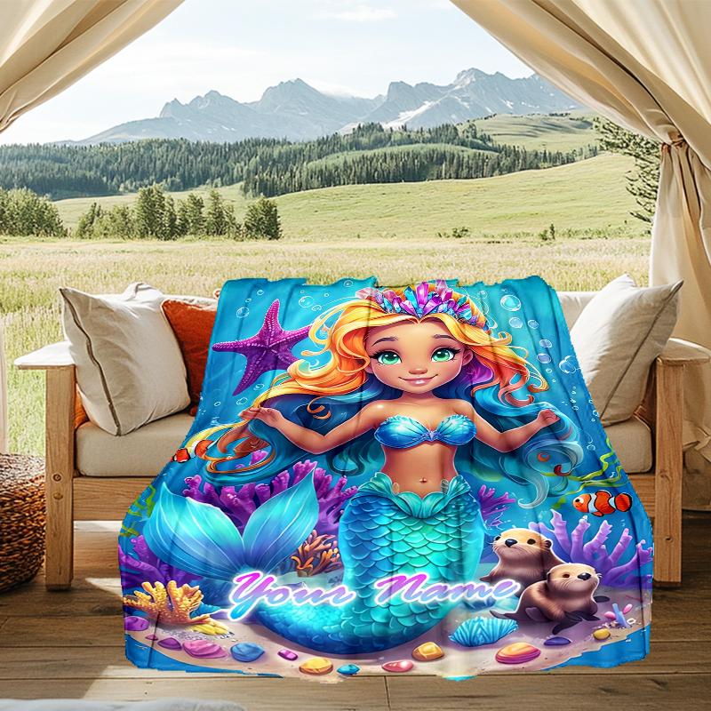 1PC Custom Name Mermaid Dreams Underwater Outdooor Flannel Blankets Patterns Throw Blanket All-Season Soft Gift for Couch, Bed, Camping Gifts