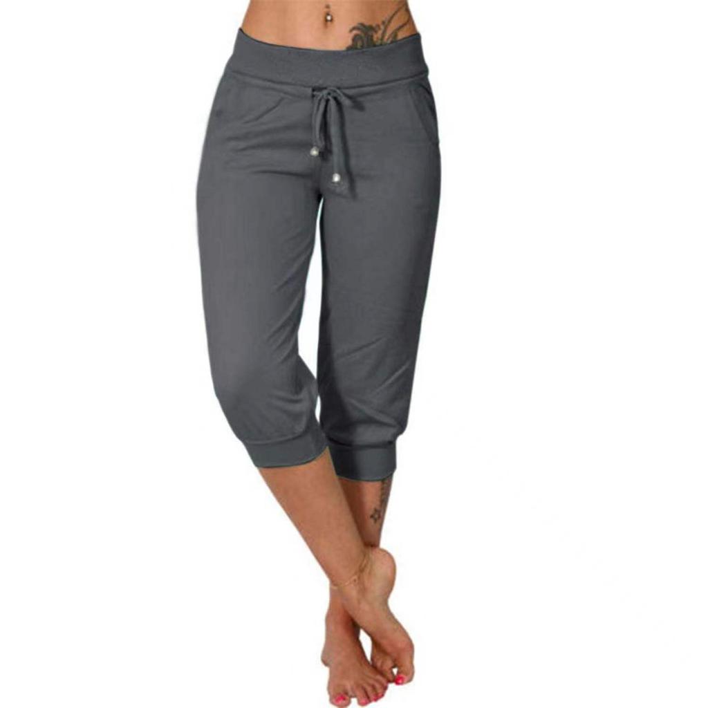 Womens 3/4 Length Trousers Capri Leggings Stretch Elastic Waist Sweatpants Workout Tracksuit Bottoms Running Jogger