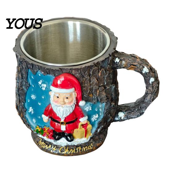 Durable Resin Cup Christmas Themed Coffee Mug, 3D Santa Claus/Snowhouse/Reindeer/Socks/Christmas Tree/Snowman Design, Party Drink Supplies Stainless