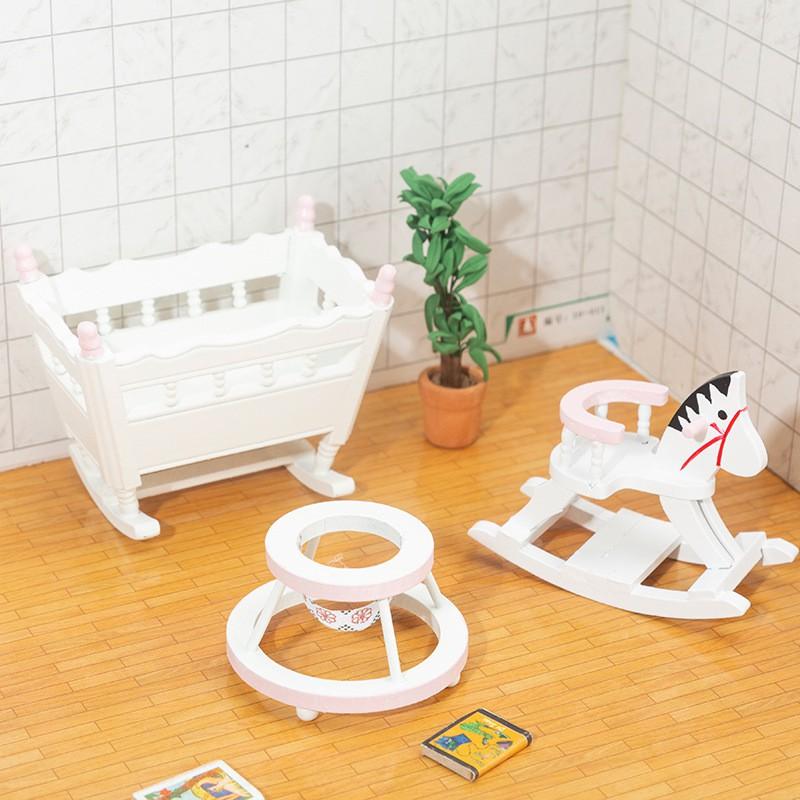 1:12 Scale Dollhouse Miniature Wooden Furniture Set Kids Room Scene Cradle Rocking Horse Walker In Pink Or Blue