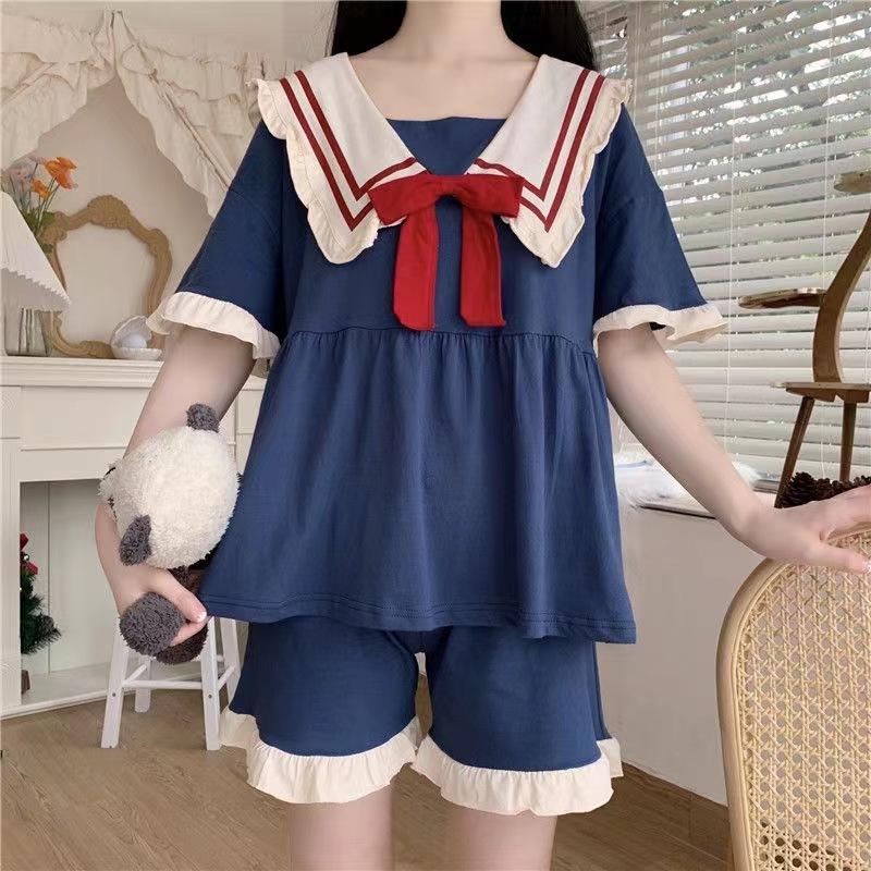 

Princess Wind Pajamas Sweet Women Home Wear Suit Doll Collar Girl Sleepwear Kawaii Dress Solid Short Sleeve Shorts 2PCS Set XXL