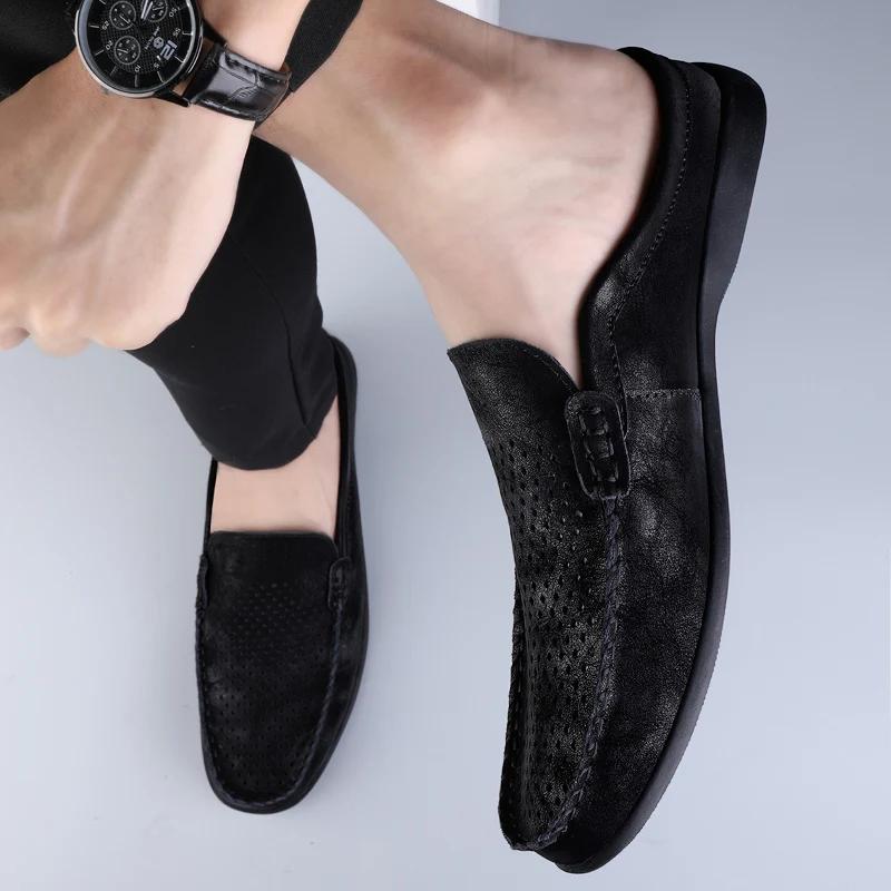 Fashion 2025New Men Summer Breathable Hollow Out Sandals Casual Leather Soft Bottom Walking Shoes Outdoor Flat Designer Half Drag Shoes