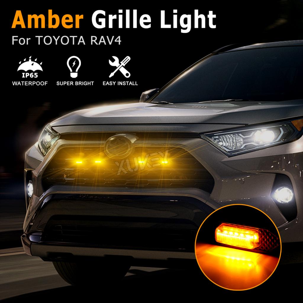 4x 12V Amber Front Grille Lamp Orange LED Light with Wiring Harness Kit For Toyota RAV4 XA50 2019 2020 2021 2022 2023 Hybrid XLE