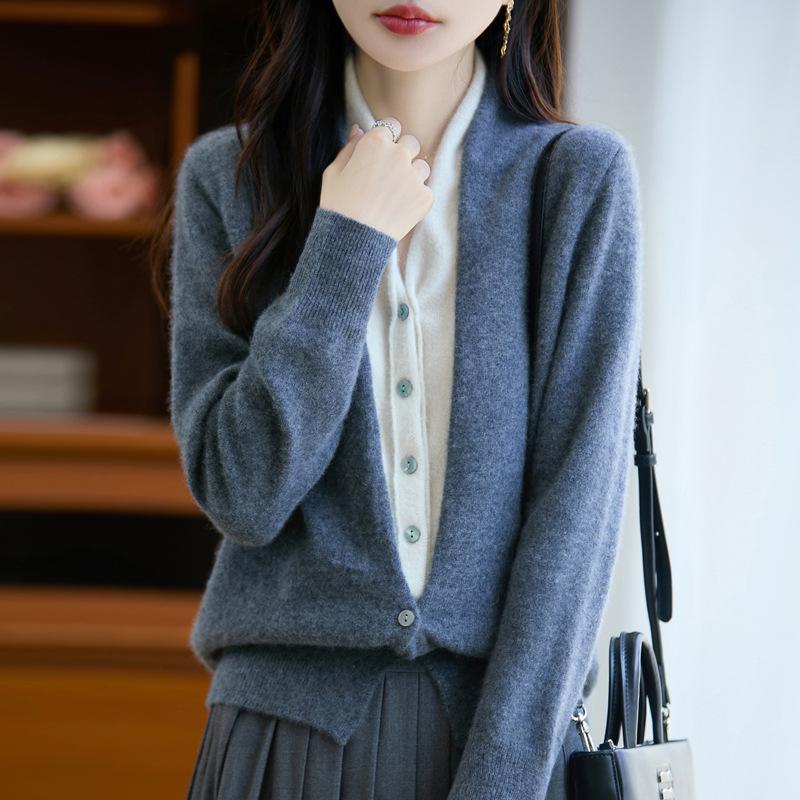 Australian Wool Color Block Two-Piece Cardigan Pullover for Women