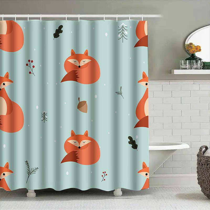 Brighten Your Bath With This Adorable Fox Shower Curtain Set Blue Floral Print Fabric Waterproof Bathroom Decor 2 Panels + Rod P