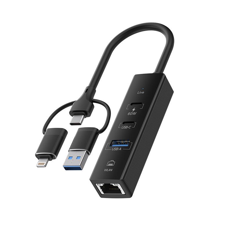 Multi-functional USB 3.0 Hub & 100M Network Card - Three-in-One Laptop USB Extender, Driver-Free
