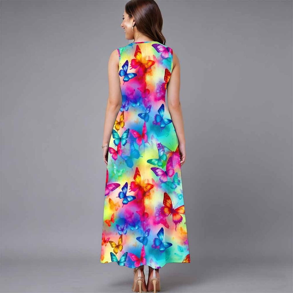 Ladies Oversized Sleeveless Crew Neck Dress Delicate Clustered Wild Flowers Loose Mid Length Dress