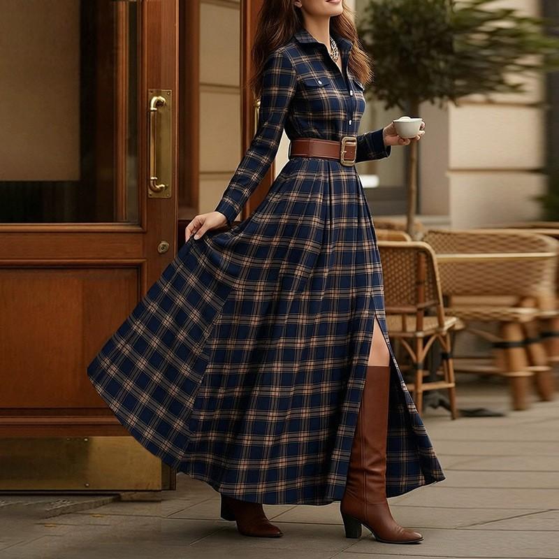 2026 Womens French Chic Midi To Maxi Dress High-Waisted A-Line With Asymmetrical Hem Striped Or Plaid Print Long Sleeve