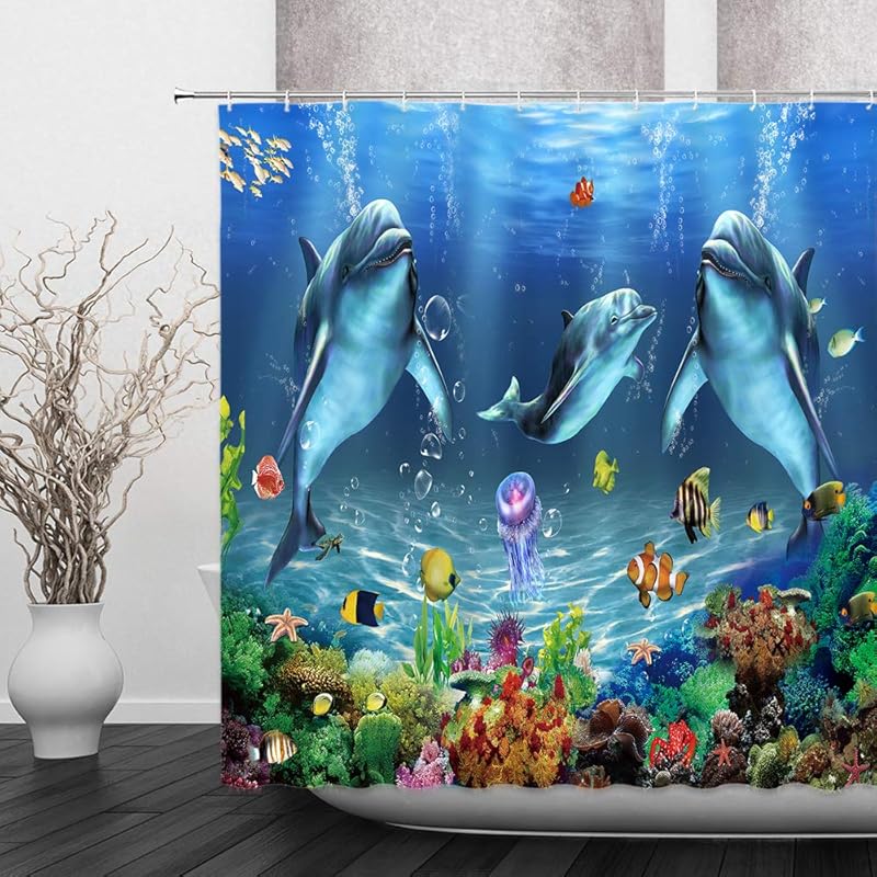 Underwater Dolphin Blue Shower Curtain Ocean Cartoon Whale Boys Animal World Marine Life Tropical Fish Fantasy Sea Coral Reef Seabed Bathroom