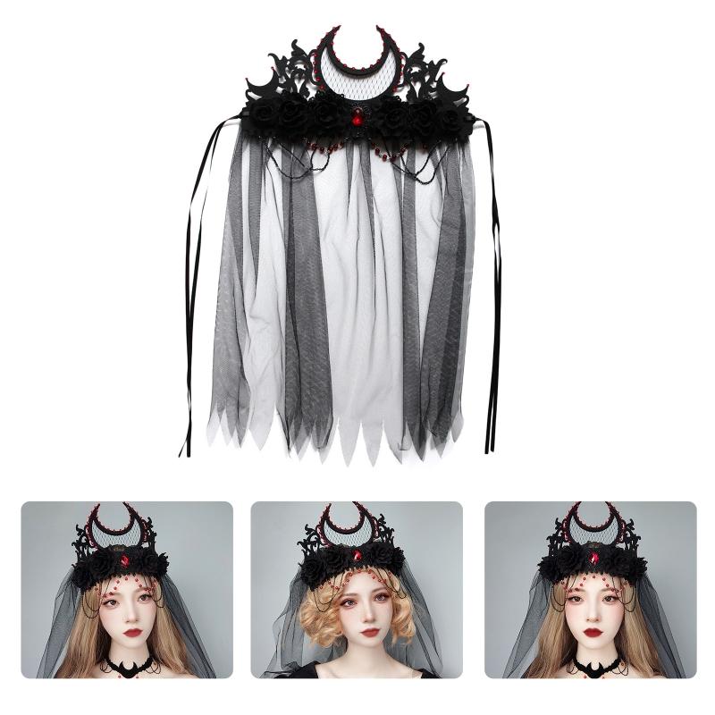 Tag der Toten Stirnband Gothic Kopfschmuck Schwarzer Schleier Krone Barock Tiara Krone Lolita Haaraccessoires Halloween Krone