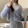 Spring Autumn Women V-neck Imitation Mink Fur Soft Mohair Knitted Sweater Cardigan Coat Short Top