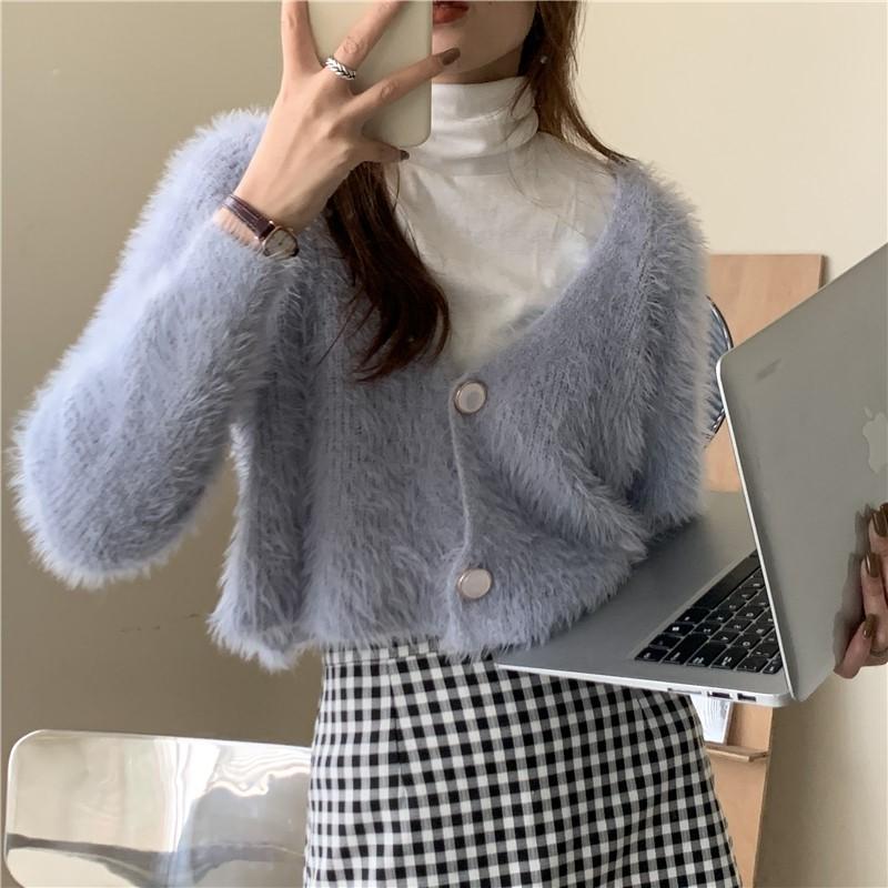 Spring Autumn Women V-neck Imitation Mink Fur Soft Mohair Knitted Sweater Cardigan Coat Short Top