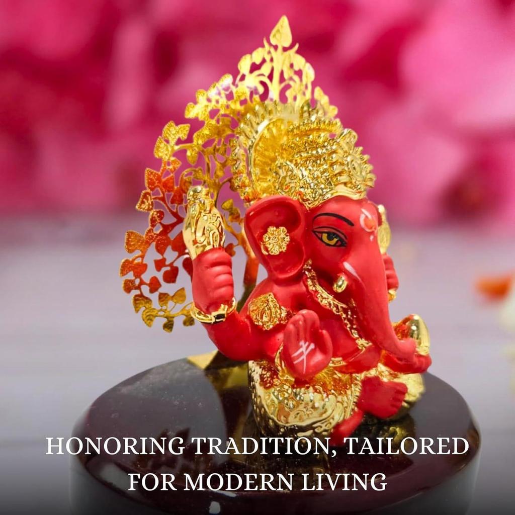 Tree Ganesh Idol Ganpati Murti for Car Dashboard, Office Desk, Hindu God Gift & Home Decor - Resin (Red) - 3 Inches - Pack of 1