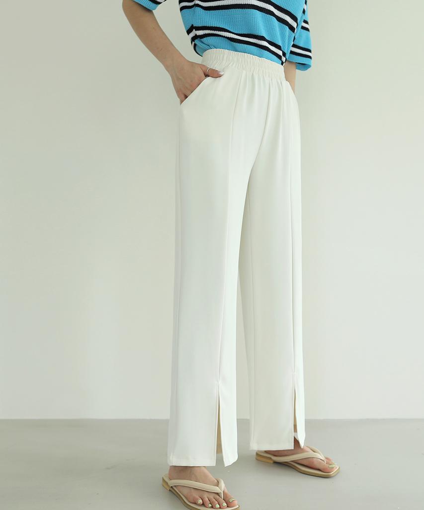 Ppaeppae Elastic Waist Slip Line Front Slit Stretch Long Straight Pants