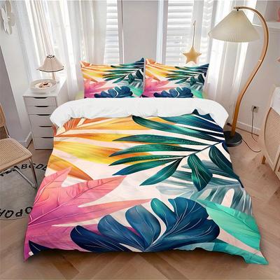 3Pcs Tropical Leaves Printed Bedding Set, Breathable And Soft,(Includes 1 Duvet Cover And 2 Pillowcases, Quilt Not Included) Yy250815177