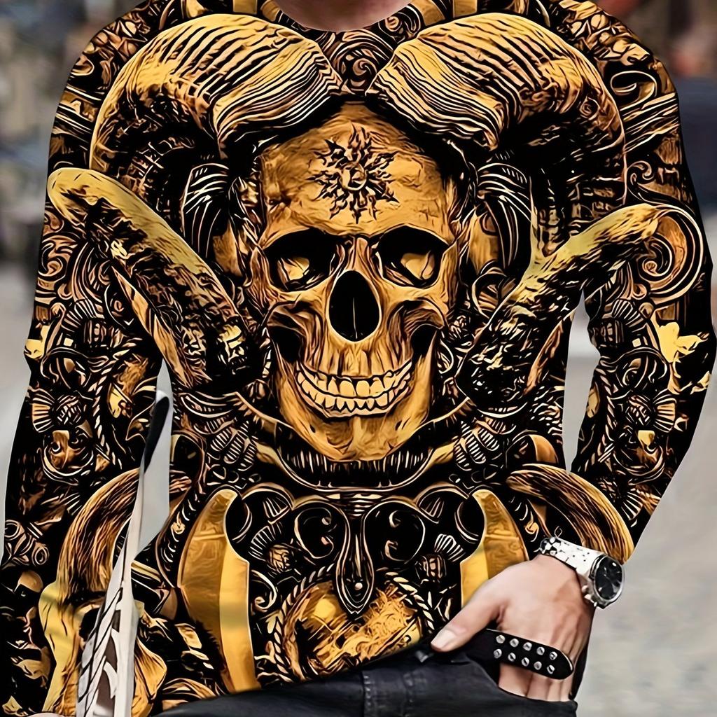 Pánské trendy tričko s dlouhým rukávem s 3D grafikou lebky s rohy, kulatý výstřih, neotřelý design pro jarní a podzimní outdoorová dobrodružství