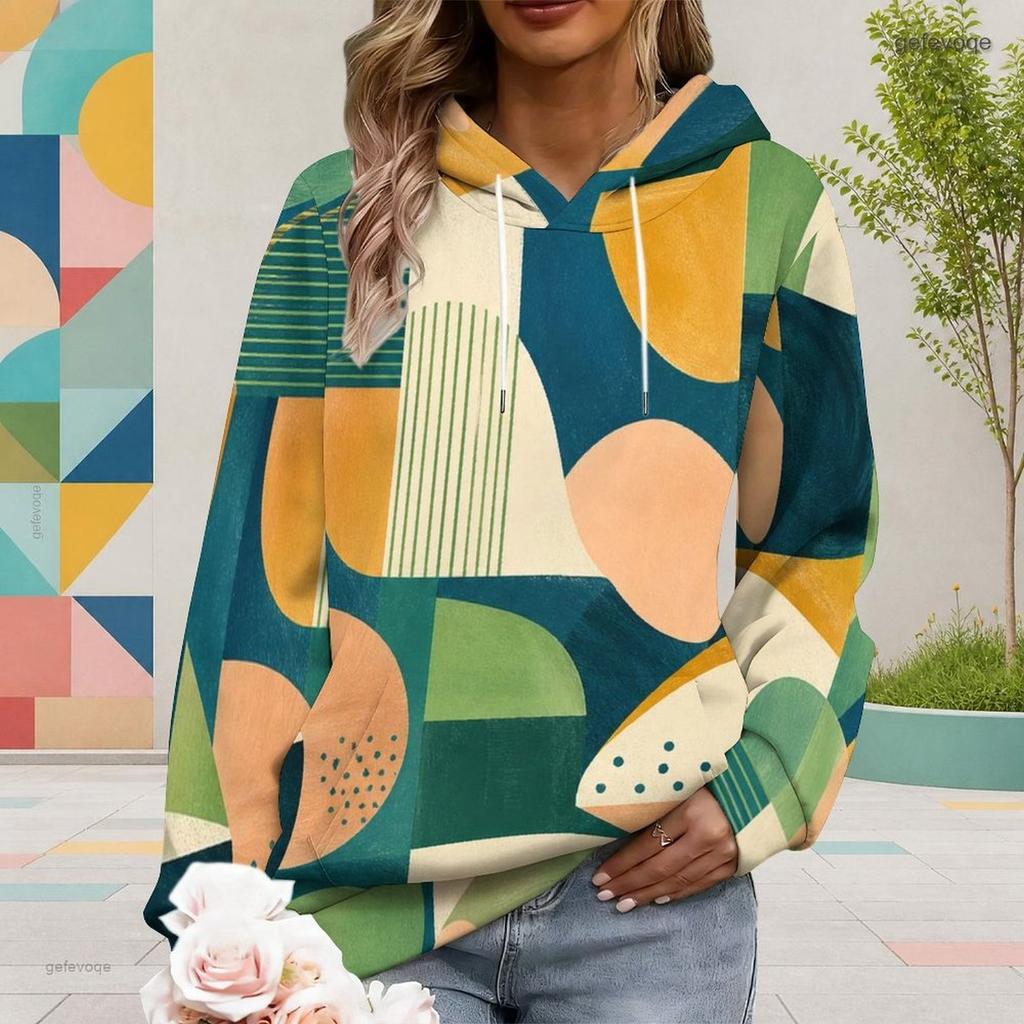 Women Plus Size Geometric Printed Long Sleeve Drawstring Hood Kangaroo Pocket Pullover Hoodie