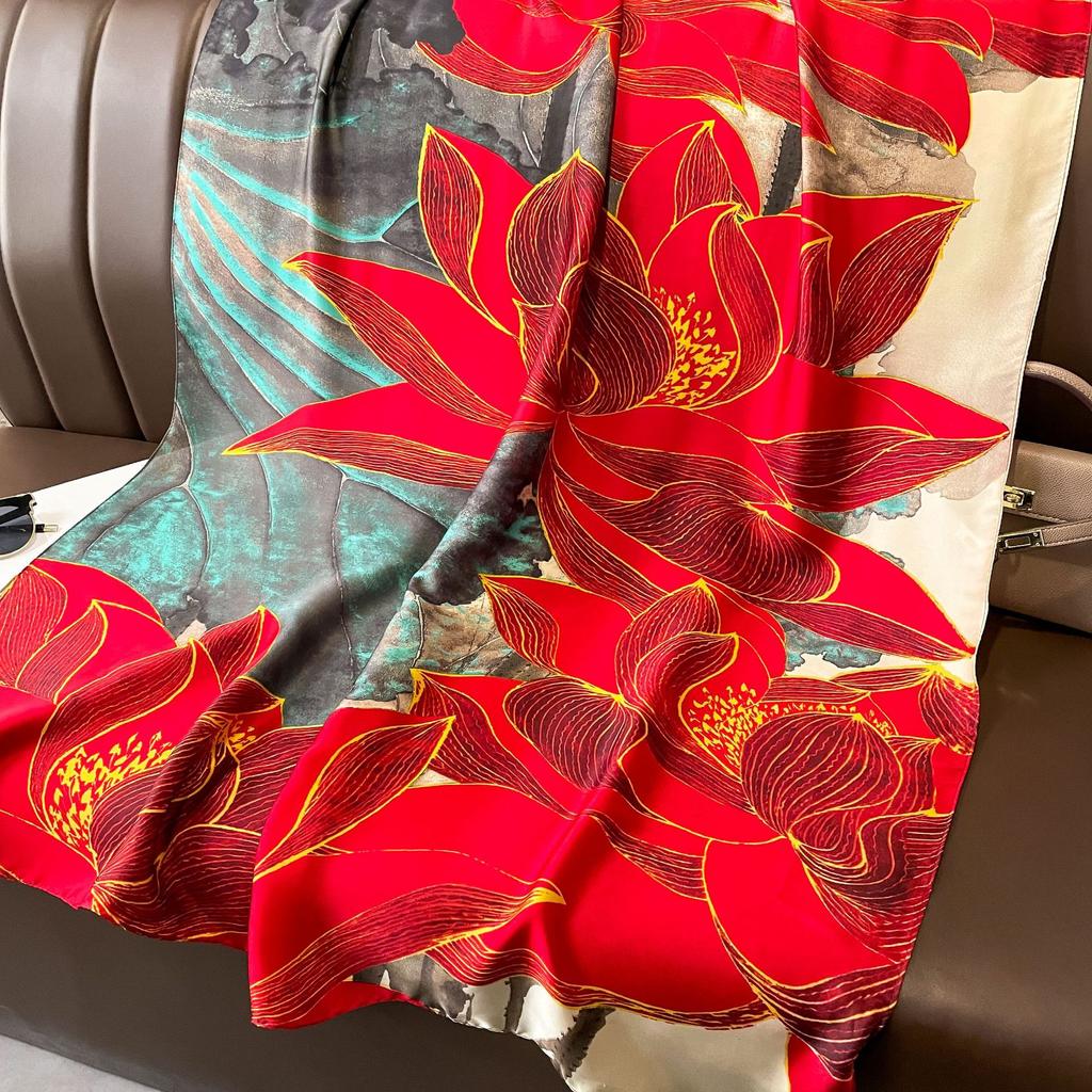 New Lijin forging silk scarf red moonflower printing shawl spring and autumn female simulation silk scarf versatile
