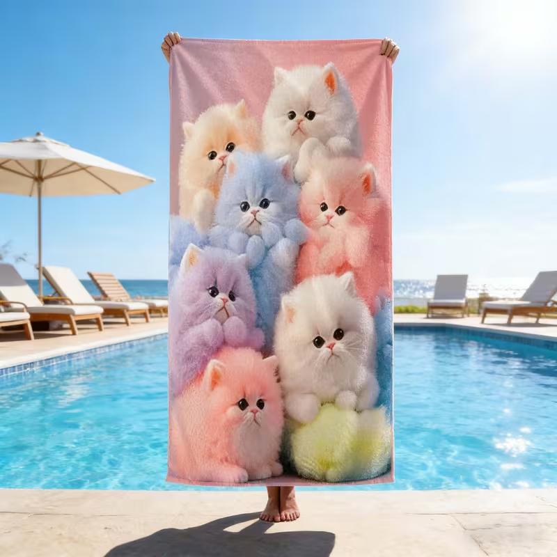 Cute Fluffy Kitten Print Beach Towel Cartoon Cat Pattern Quick Dry Sand-Free Absorbent Soft Beach Blanket for Summer Vacation