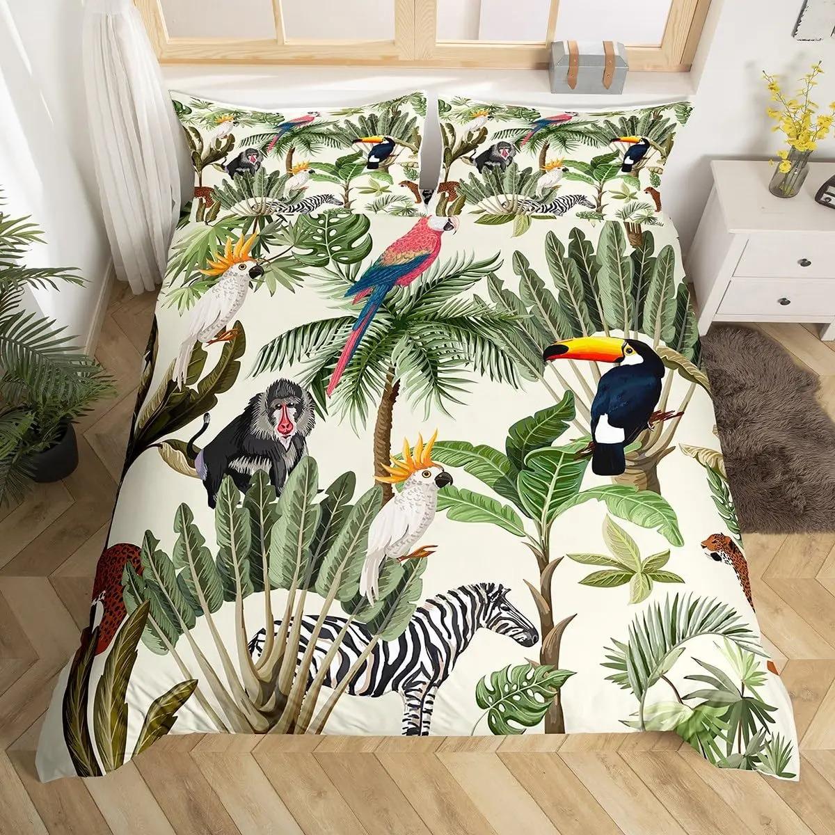 

Підодіяльник з мультяшними тваринами. Милий жираф, мавпа, тигр, слон. Набір постільної білизни. Мила дика природа. Підодіяльник. Поліестеровий підодіяльник. US King 264x228cm