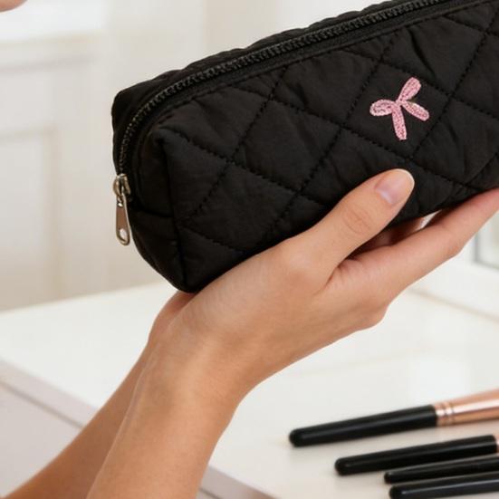 Yousheng Quilted Cosmetic Case Soft Makeup Pouch with Bow Embroidery Travel Toiletry Organizer for Women Girls Makeup