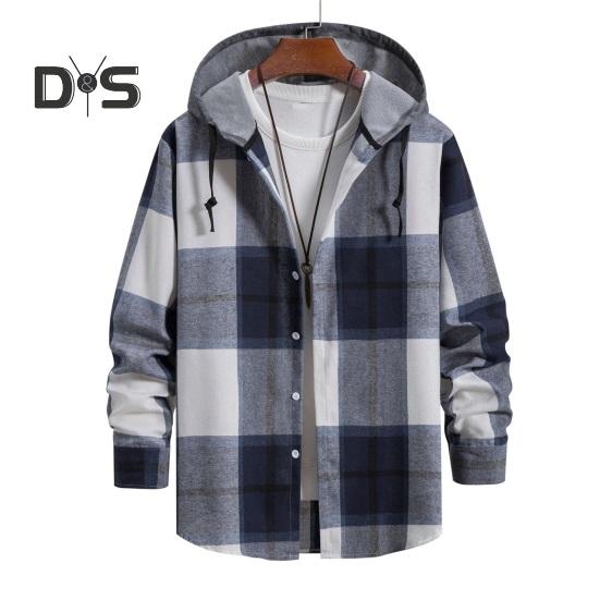 

Мужская рубашка с капюшоном на весну и осень, пальто с длинными рукавами и клетчатым принтом, однотонное однобортное повседневное пальто в стиле пэчворк L темно-синий