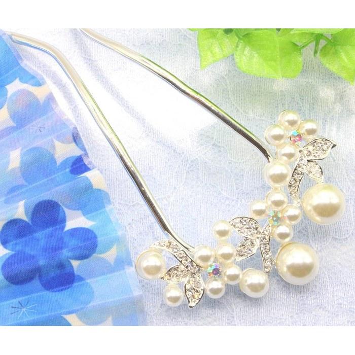 [Miaomyao] Hairpin U-Shaped Hair Ornament Japanese Style Yukata Kimono Pearl Hair Comb Flower Hair Accessory Silver Large Size