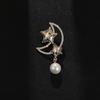 Elegant Moon Brooch with Zircon and Pearl Star Pin