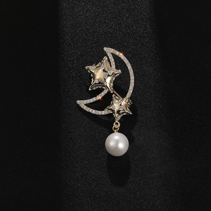Elegant Moon Brooch with Zircon and Pearl Star Pin