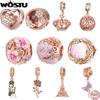 WOSTU 925 Silver Rose Gold Flower Charms Hepburn Tower Heart Beads Fit Bracelet & Necklace DIY Jewelry Making for Women