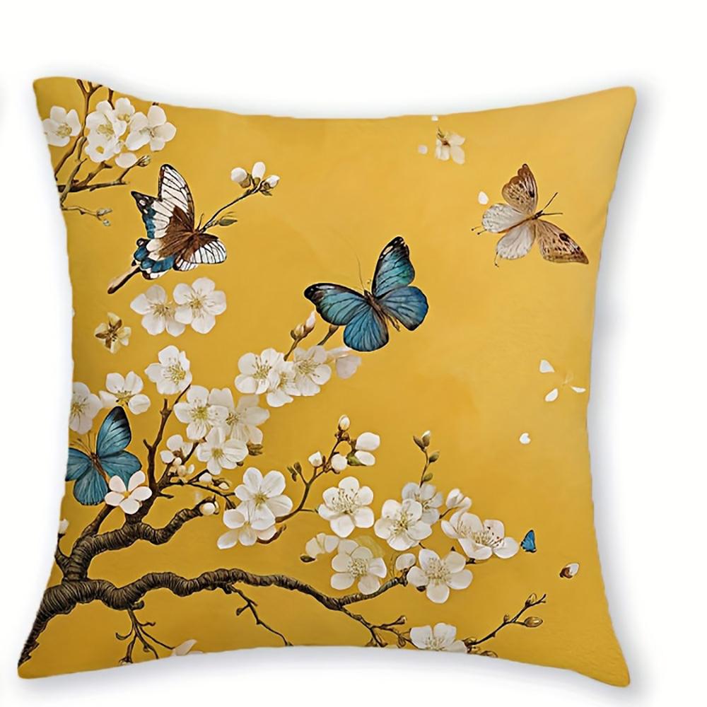 

1/4pcs Yellow Pillowcases with Floral and Bird Motifs Sofa cushion cover home bedroom room decoration 45x45cm-1pcs
