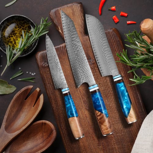 KyushuBlade 3-Piece Damascus Knife Set (Santoku Knife, Gyuto Knife, and Petty Knife) Professional Damascus Knife Set. This versatile kitchen knife set