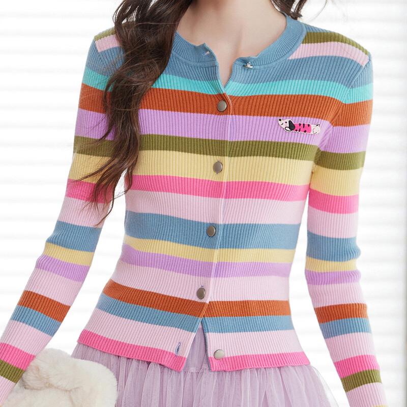 Bai Lu Yu Women's Wool Blend Striped Knit Cardigan