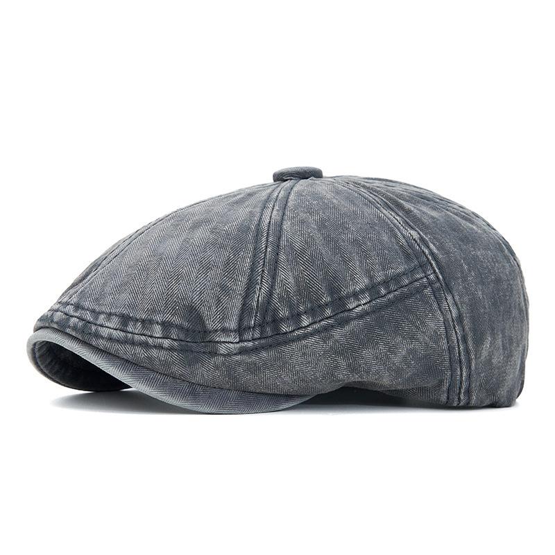 Washable Large Newsboy Cap: Unisex Retro Octagonal Beret, Distressed Casual Flat Denim Driving Hat.