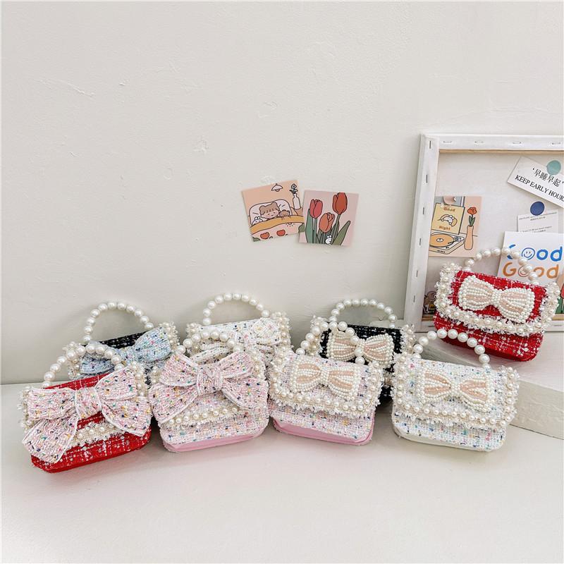 Trendy Red Mini Chain Crossbody Bag For Kids With Charming Bow Design And Lightweight Canvas Material