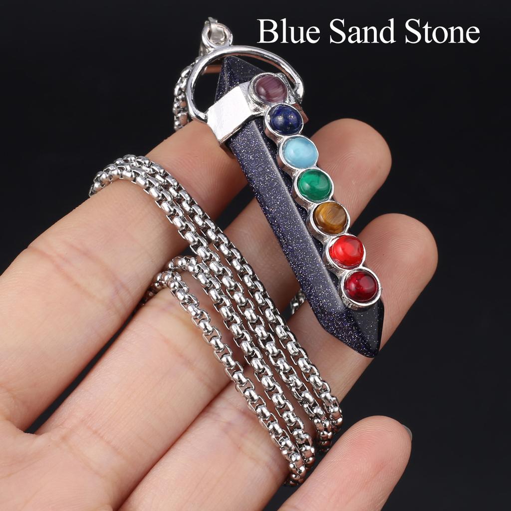 1Pc, Spiritual Healing Crystal Pendant Necklace, Geometric Double-pointed Hexagonal Pyramid Inlaid Seven Chakra Gems Charms Necklaces for Women Men