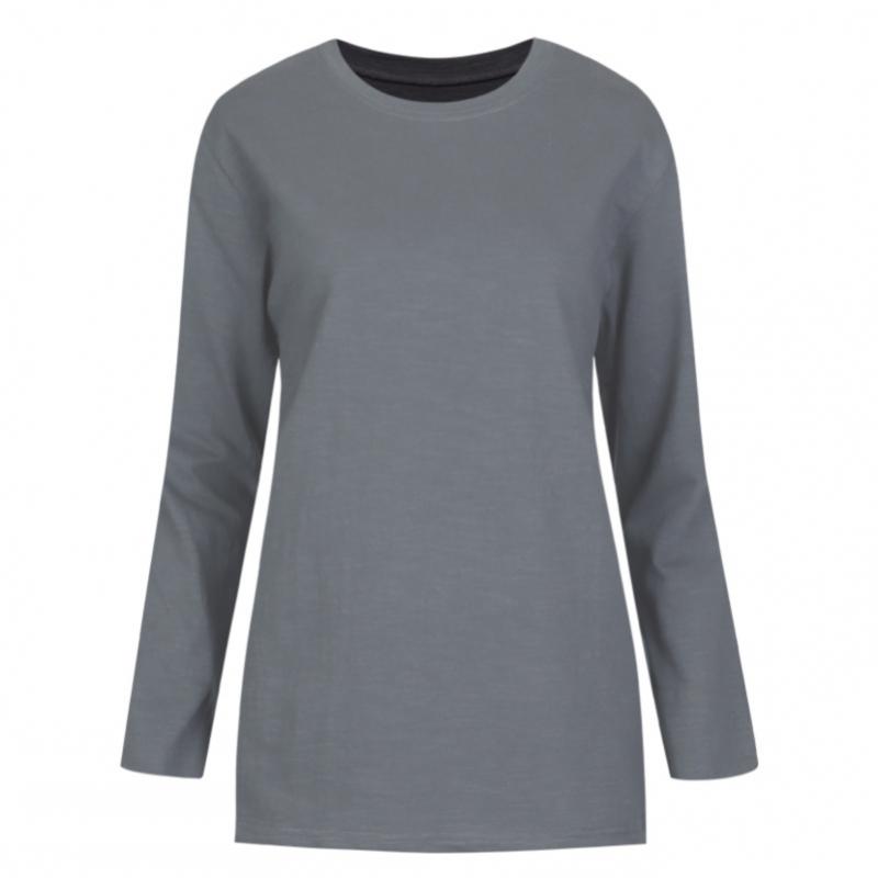 Shop Women Loose FiT Slub Round Long Sleeve CoTTon T shirT Dark Khaki Dai Wsh