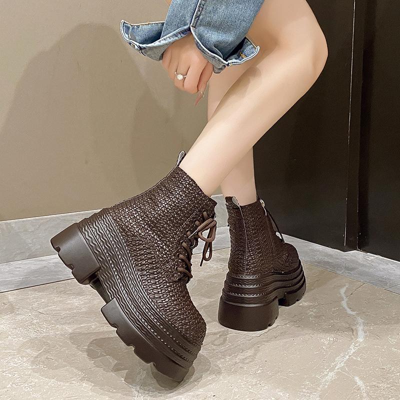 Fashion 9.5CM Women's Chunky Ankle Boots New Autumn Winter Weave Leather Punk Shoes High Platform Casual Leather Short Boots Botas Mujer