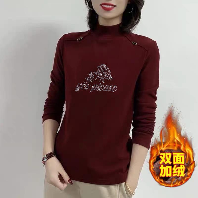 Thickened Warm Semi-turtleneck Bottoming Shirt for Women's Autumn and Winter New Slim-fitting Long-sleeved Solid-color Middle-aged Top for Women