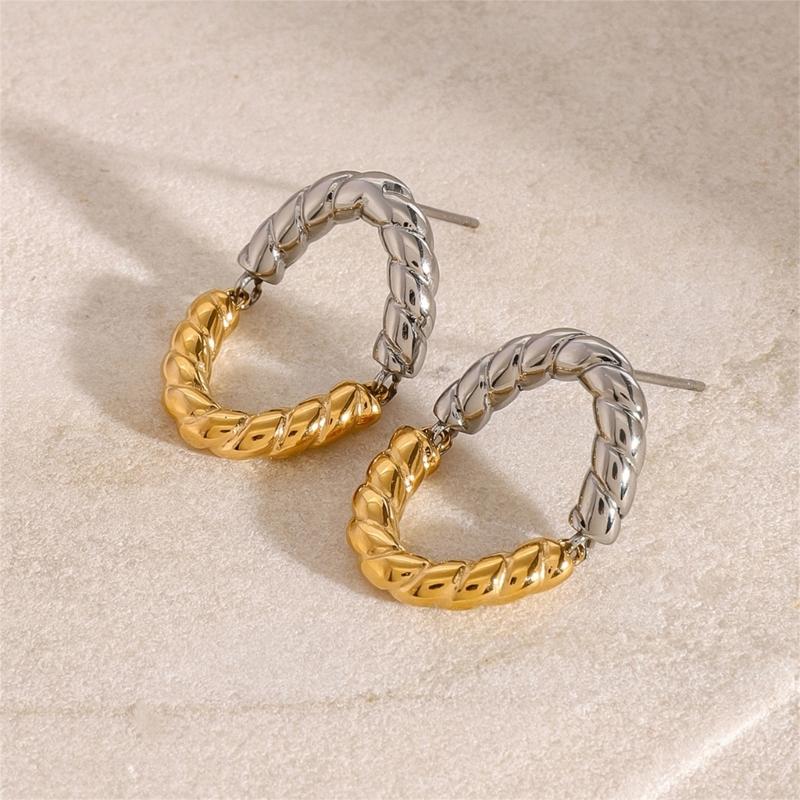 Elegant Stainless Steel Texture Jewelry Set with Round Stripes Designs Includes Necklace Earrings and Bracelet