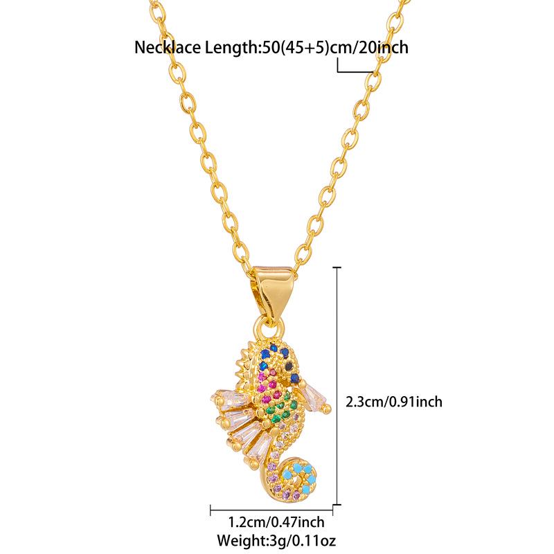18k Gold Seahorse Pendant Necklace with Colorful Zircons - Women's Cute Animal Clavicle Chain