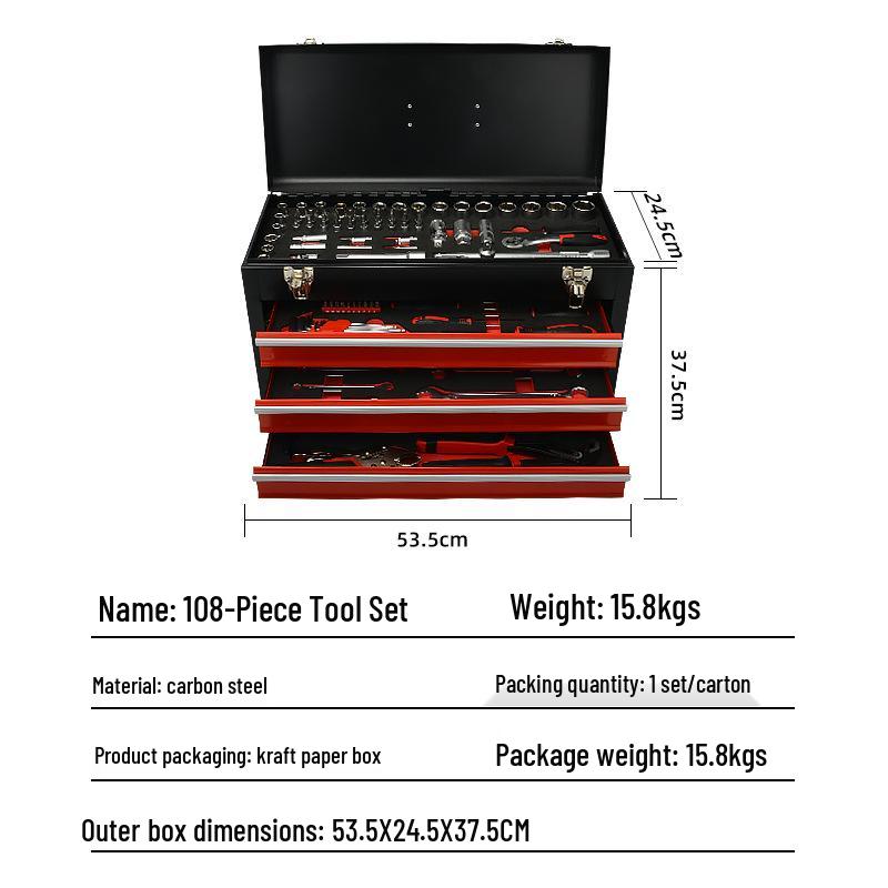 108-Piece 3-Layer Drawer Hardware Tool Box: Household Repair Set with Socket Wrench